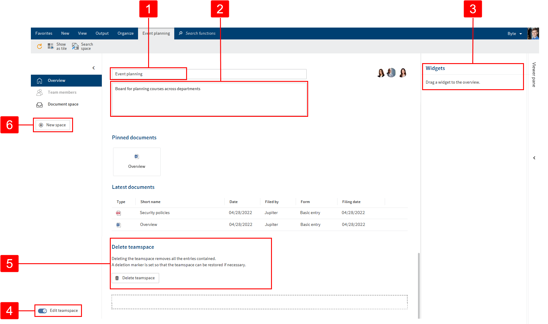 'Edit teamspace' in the 'Overview' area