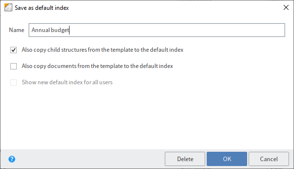 'Save as default index' dialog box
