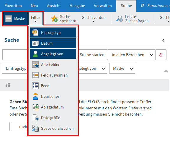 Suchfilter; aktivierte Filter mit grauem Rahmen