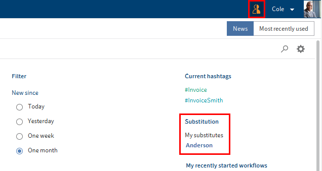 Narancssárga ikon a menüszalagon, a 'Helyettesítés' terület az 'Én ELO-m'-ban, 'Jelenlegi helyettesítőim: Süni' szöveggel