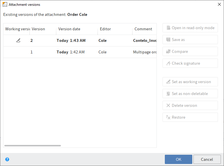 'Document versions' dialog box