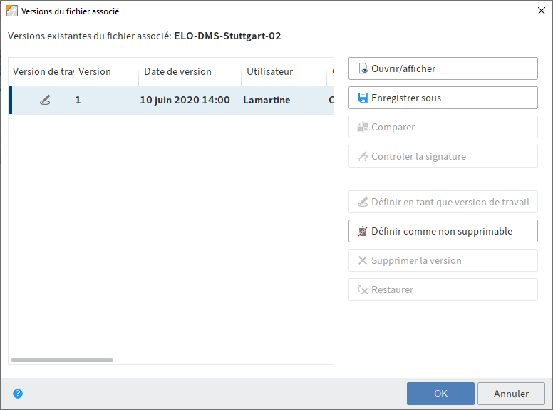 Dialogue 'Versions de document'
