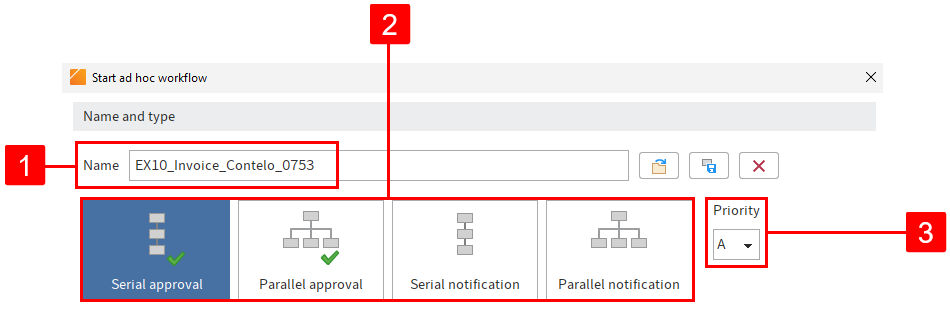 'Start ad hoc workflow' dialog box; 'Name and type' area; 'Name' field, 4 preconfigured workflows and 'Priority' drop-down menu