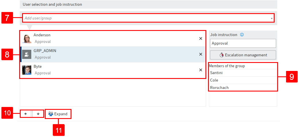 'User selection and job instruction' area; 'Add user/group' field; two added users and one group, 'Members of the group' list; arrow buttons and 'Expand' button