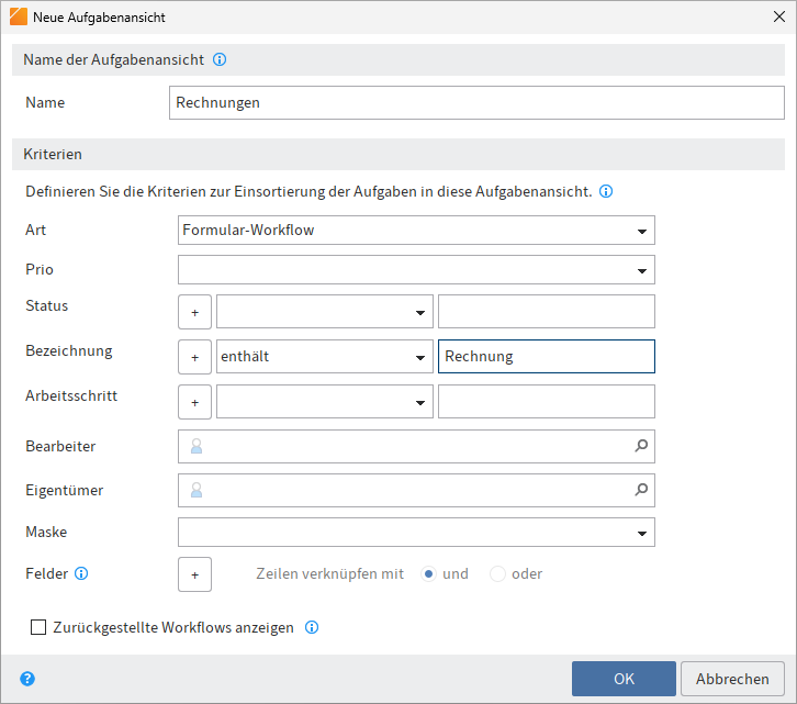 Dialog 'Neue Aufgabenansicht'