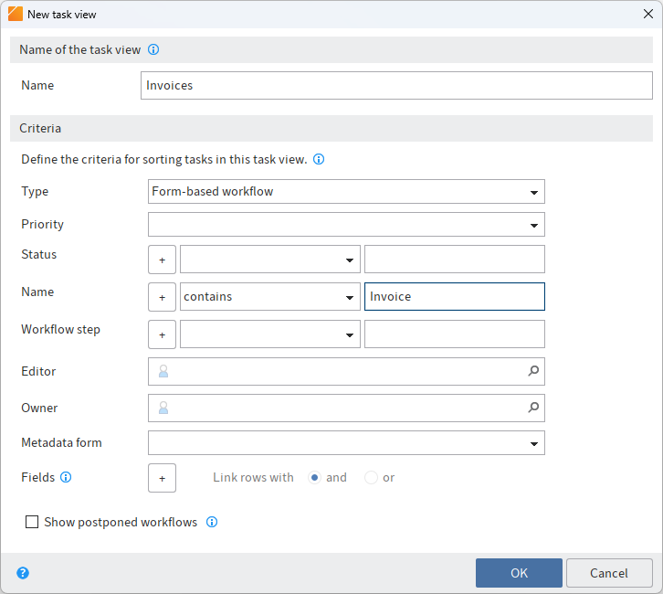 'New tasks view' dialog box