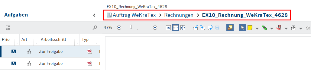 Navigationspfad über der Dokumentenvorschau für eine Aufgabe