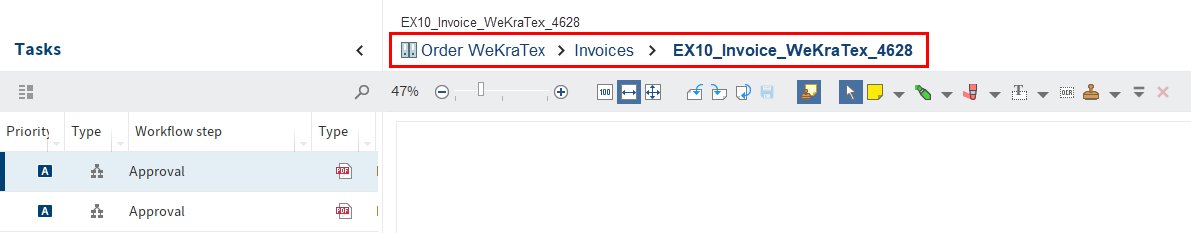 Breadcrumb above the document preview for a task