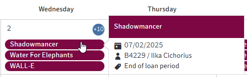 Tooltip for a calendar entry with details about the date, user, and type of appointment