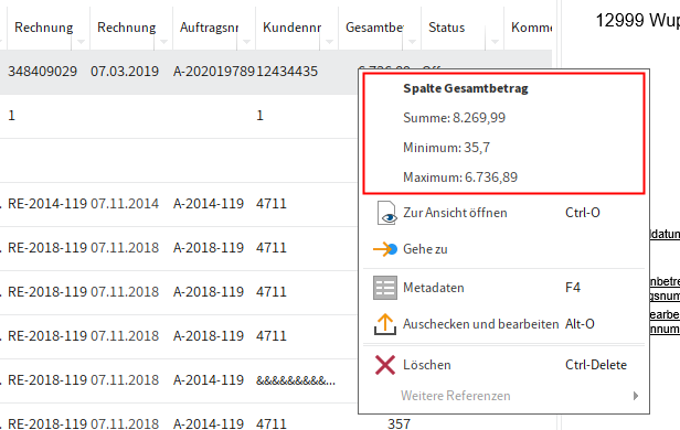Kontextmenü bei einer Spalte mit numerischen Werten