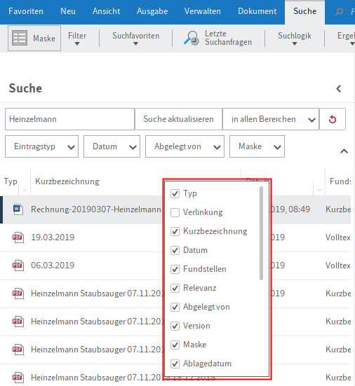 Kontextmenü für das Suchergebnis