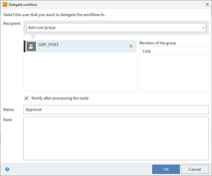 'Delegate workflow' dialog box
