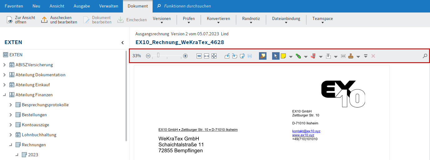 Funktionsbereich 'Ablage'; Viewer-Leiste über dem Dokumenten-Viewer