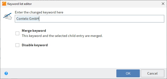 'Keyword list editor' dialog box