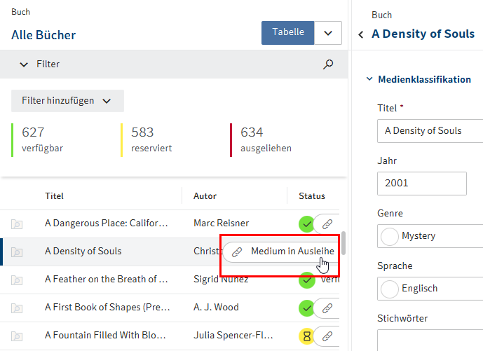 Tabelle; Zeile mit einem markierten Eintrag und Button mit Kettensymbol