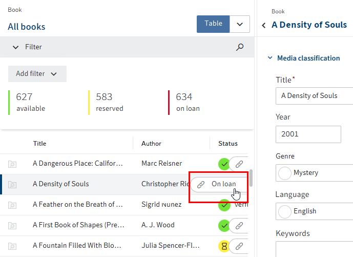 Table; Line with highlighted entry and button with chain icon