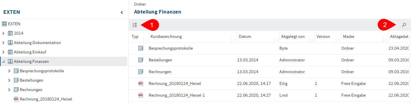 Ordnerinhalt im Anzeigebereich; Funktionsleiste mit Buttons für Sortierung der Einträge und Suche