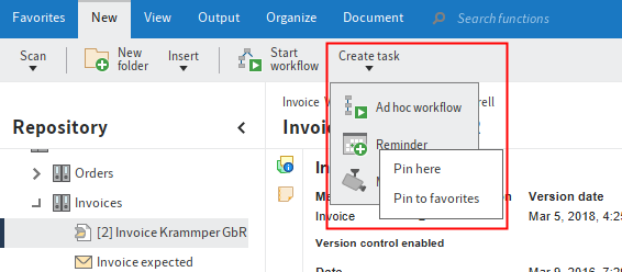 Functions in the drop-down menu with opened context menu