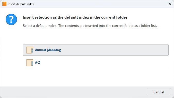 'Insert default index' dialog box