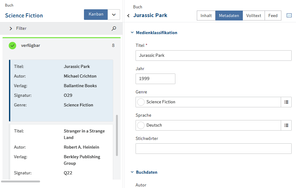 Markierter Eintrag im Kanban-Board und Formular zum Eintrag