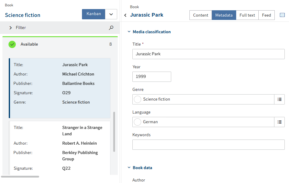 Entry selected in the kanban board and form for entry