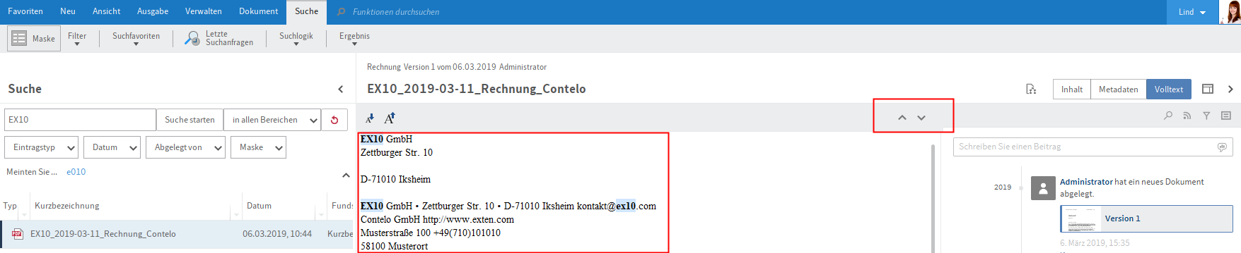 Treffer im Volltext und Pfeilsymbole
