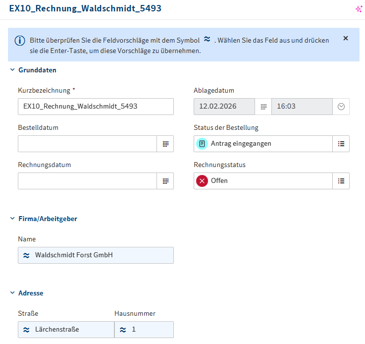 Eingetragene Feldvorschläge in den Metadaten