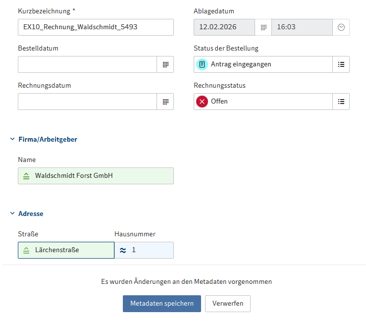 Übernahme der Feldvorschläge in den Metadaten