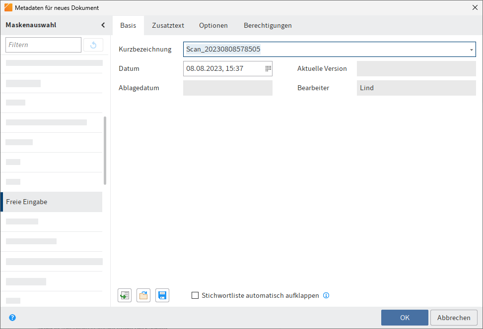 Dialog 'Metadaten für neues Dokument'