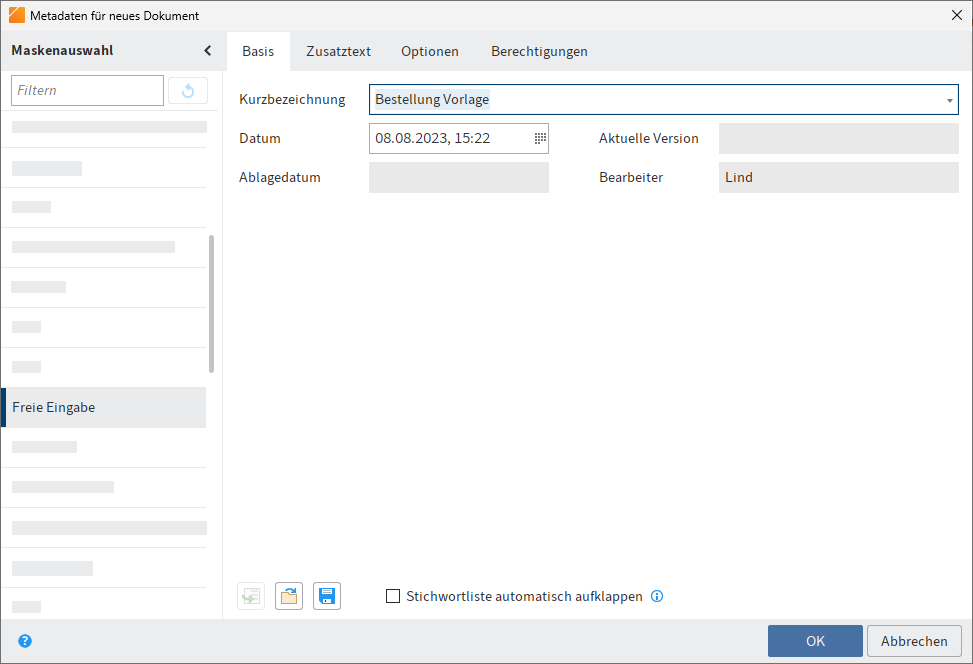 Dialog 'Metadaten für neues Dokument'