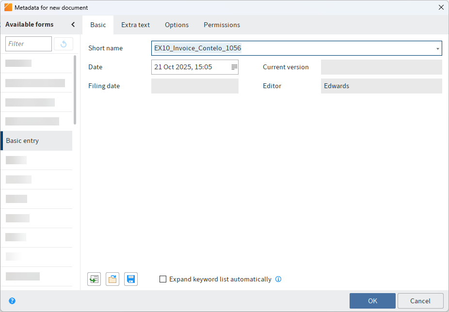 'Metadata for new document' dialog box