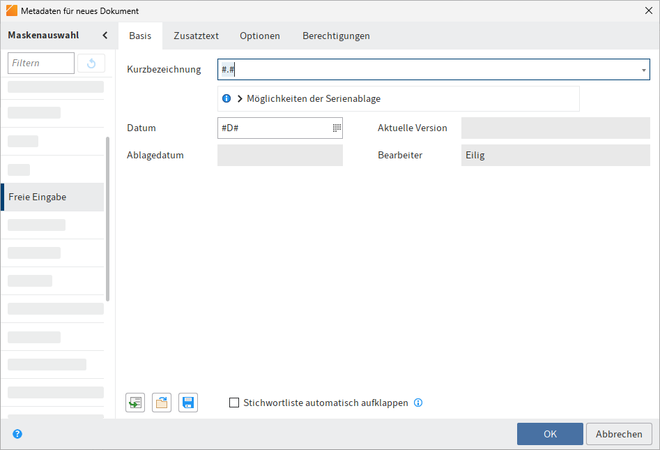Dialog 'Metadaten für neues Dokument'