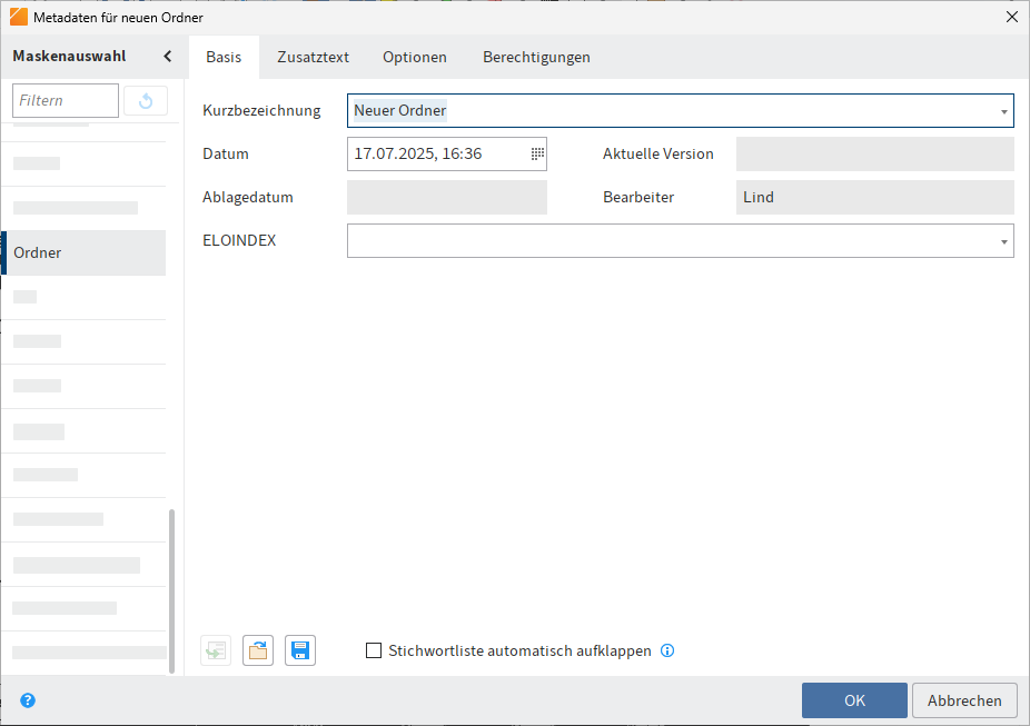 Dialog 'Metadaten für neuen Ordner'
