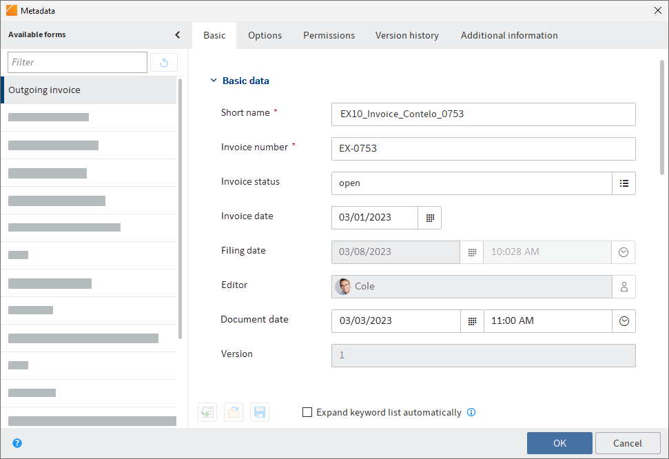 'Metadata' dialog box with gen. 2 metadata form