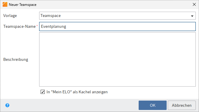 Dialog 'Neuer Teamspace'