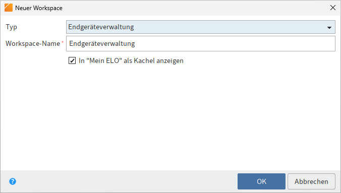 Dialog 'Neuer Workspace' mit Drop-down-Menü 'Typ' und Feld 'Workspace-Name'