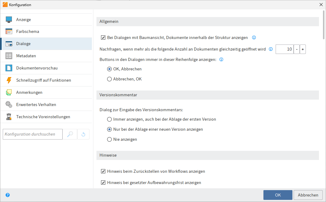 Konfiguration; Dialoge