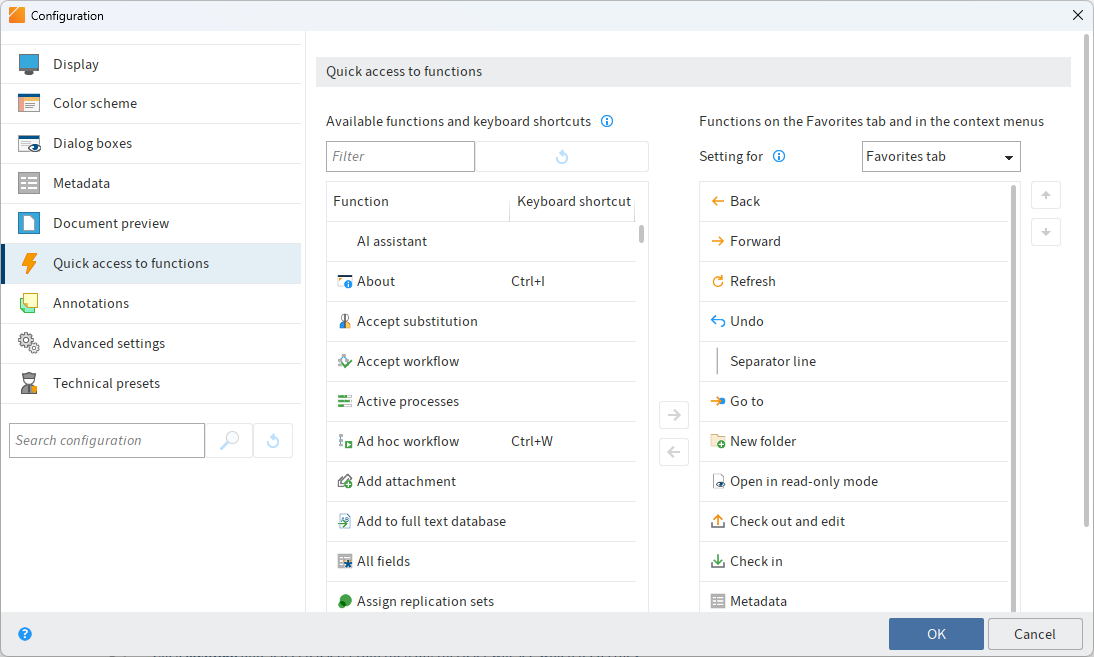 Configuration; Quick access to functions