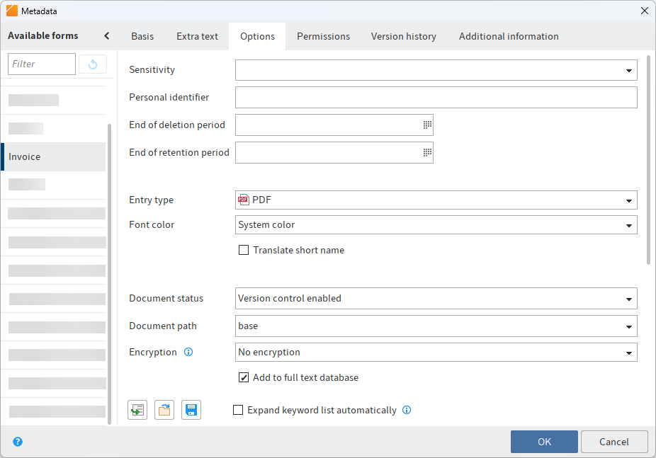 'Options' tab, settings for a document