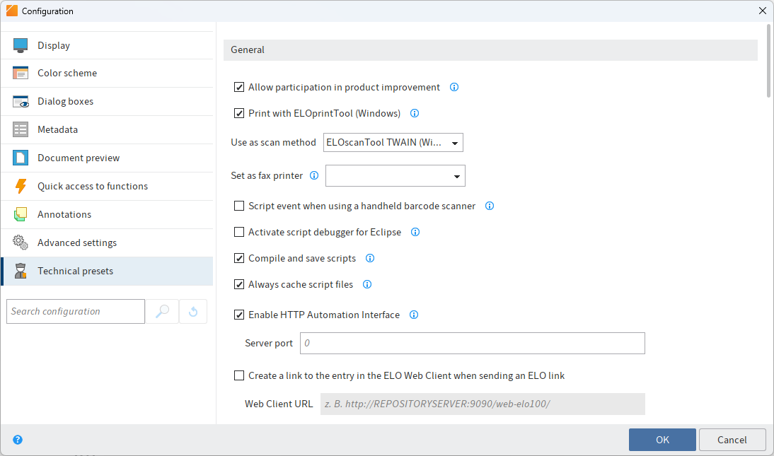 Configuration; Technical presets