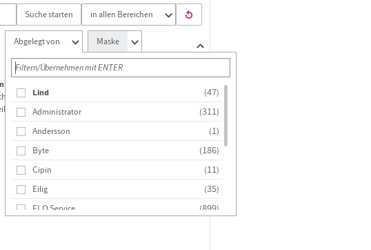 Funktionsbereich 'Suche'; Suchvorschläge im Drop-down-Menü 'Abgelegt von'