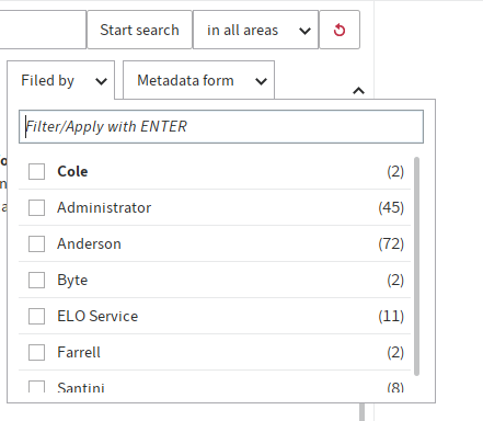'Search' work area; Suggestions in the 'Filed by' drop-down menu