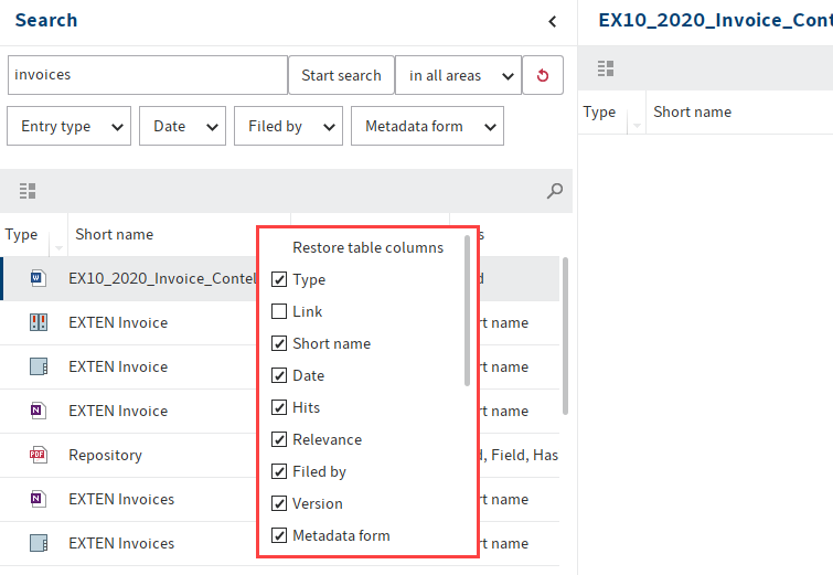 Index columns for the metadata