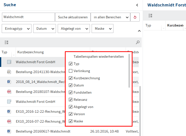 Indexspalten für die Metadaten