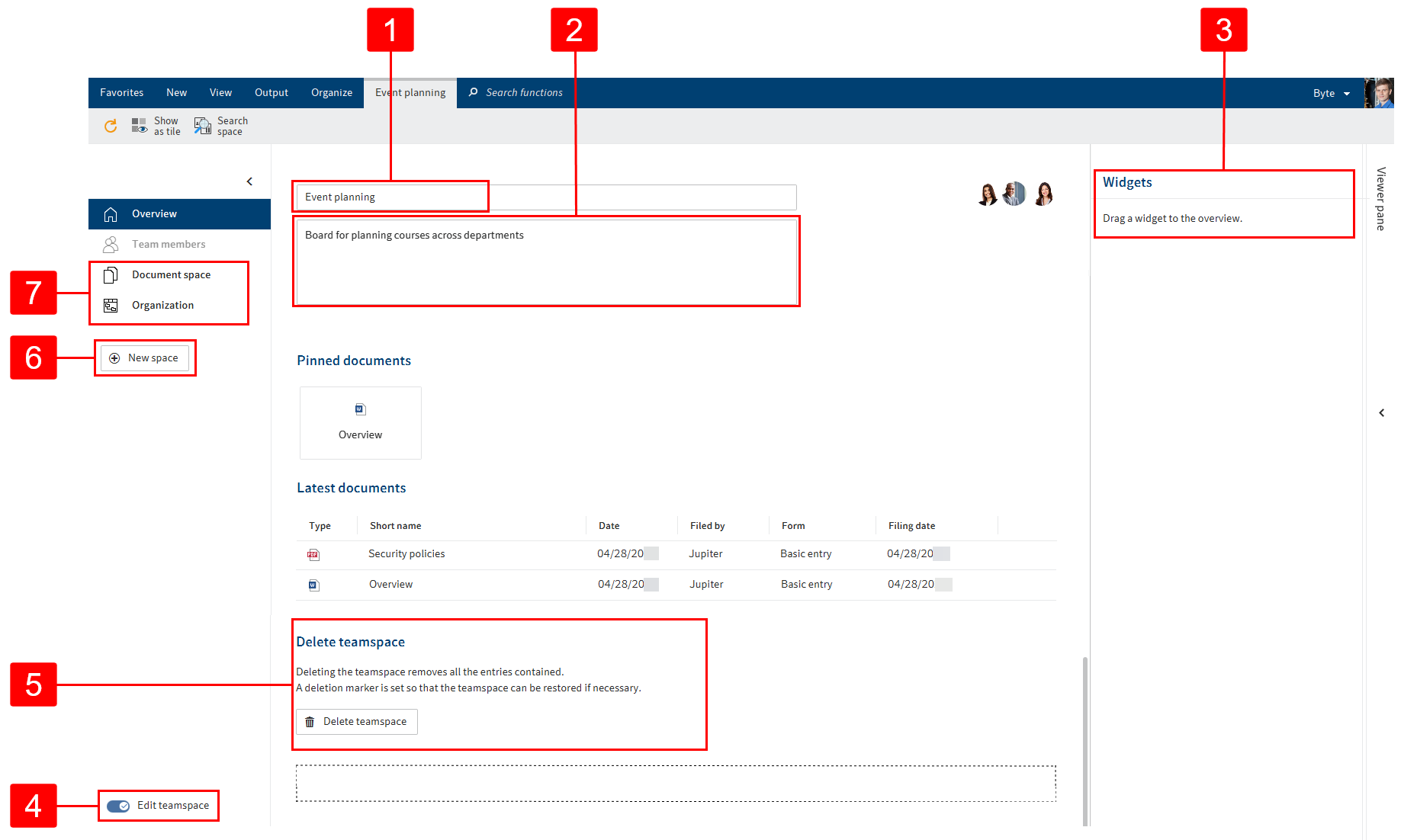 'Edit teamspace' in the 'Overview' area