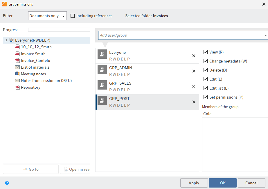 'List permissions' dialog box