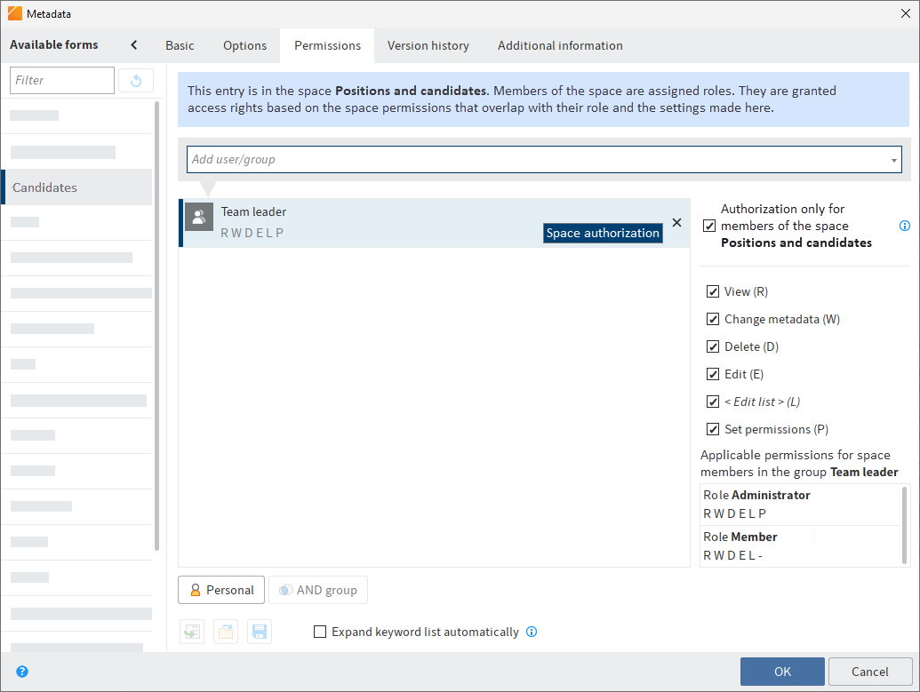 'Permissions' tab with 'Authorization only for members of the space' option