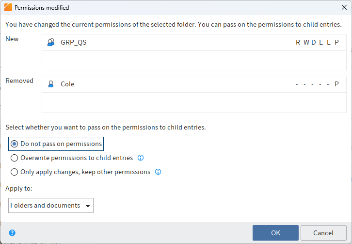 'Permissions changed' dialog box