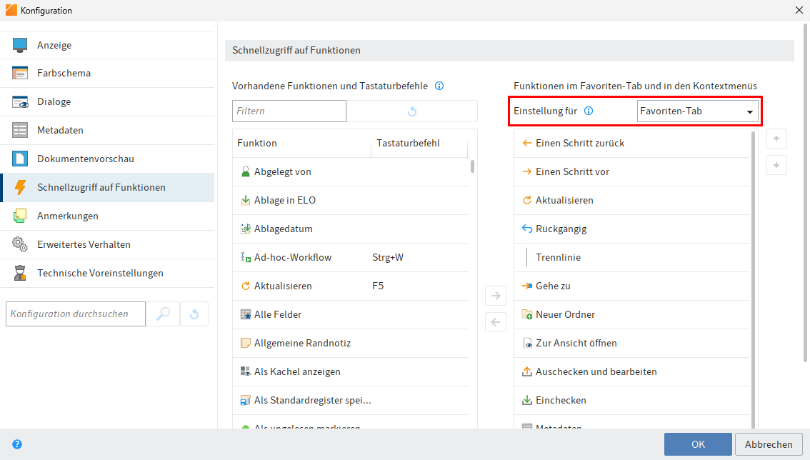 Bereich 'Schnellzugriff auf Funktionen' in der Konfiguration