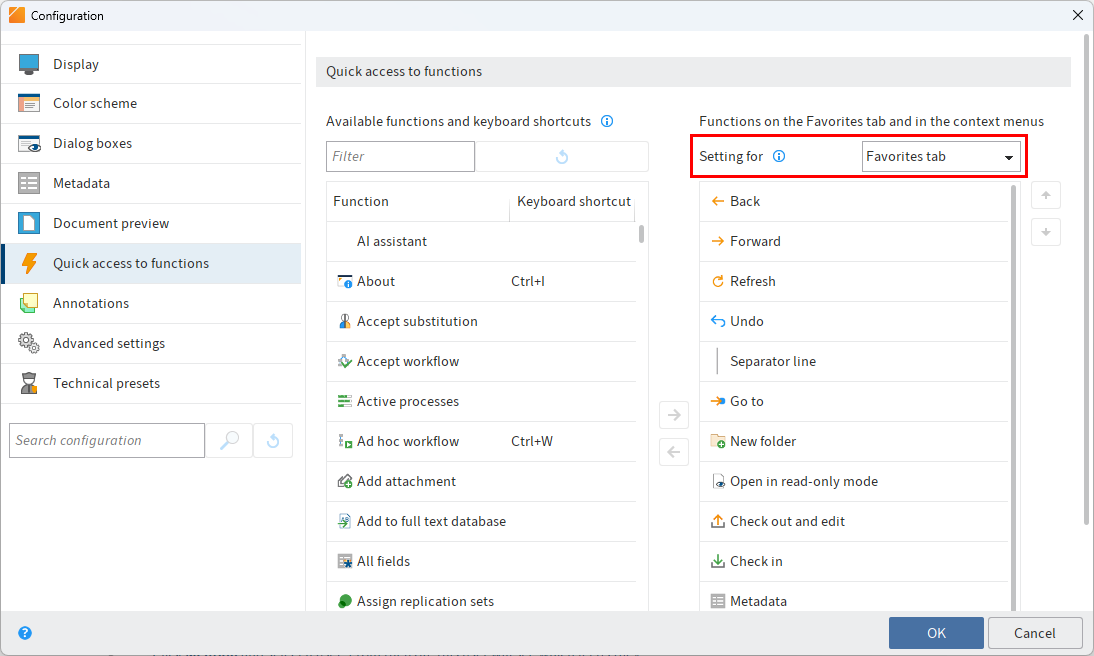 'Quick access to functions' area in the configuration